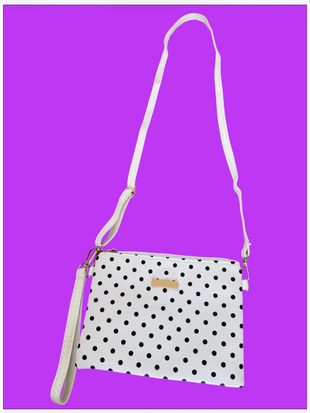 Bag White in Polka Dot Black Crossbody Bag with Wristlet and Zipper.